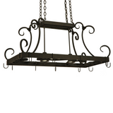 Angle view of Caiden pot rack lit, showing two downlights.