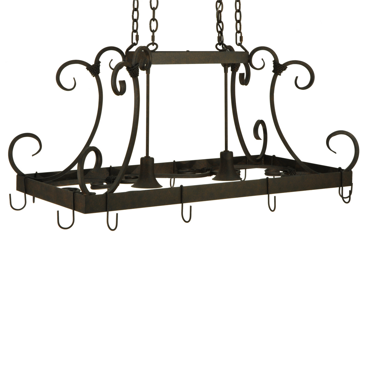 Rear perspective showing scrollwork and iron frame details.