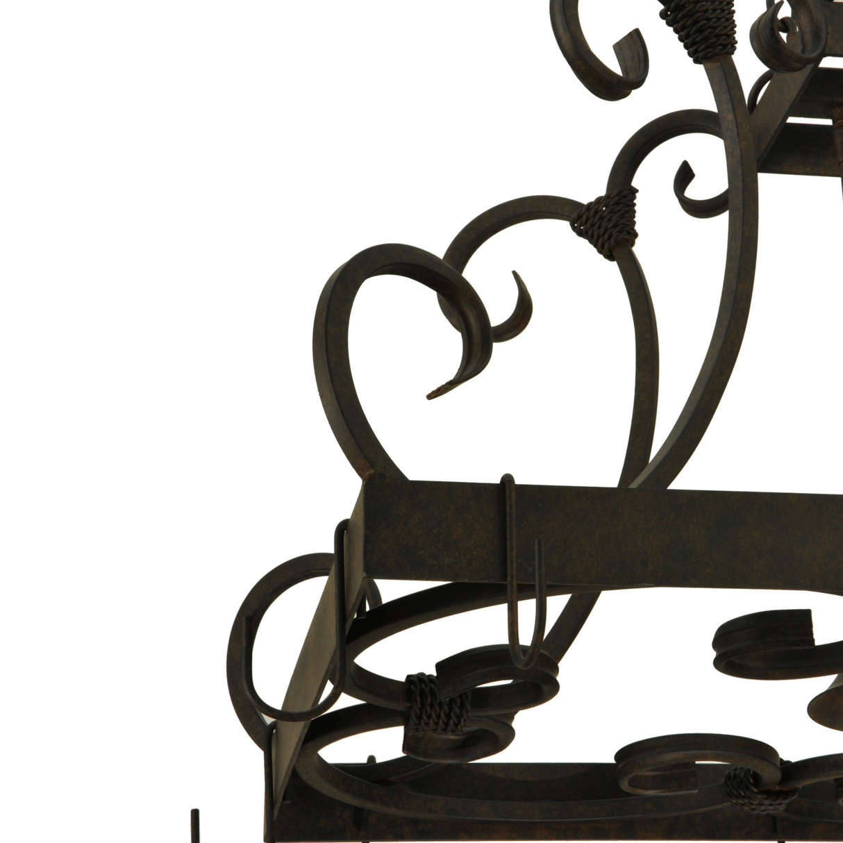 Detail shot of hand-forged scroll accents on Caiden pot rack.