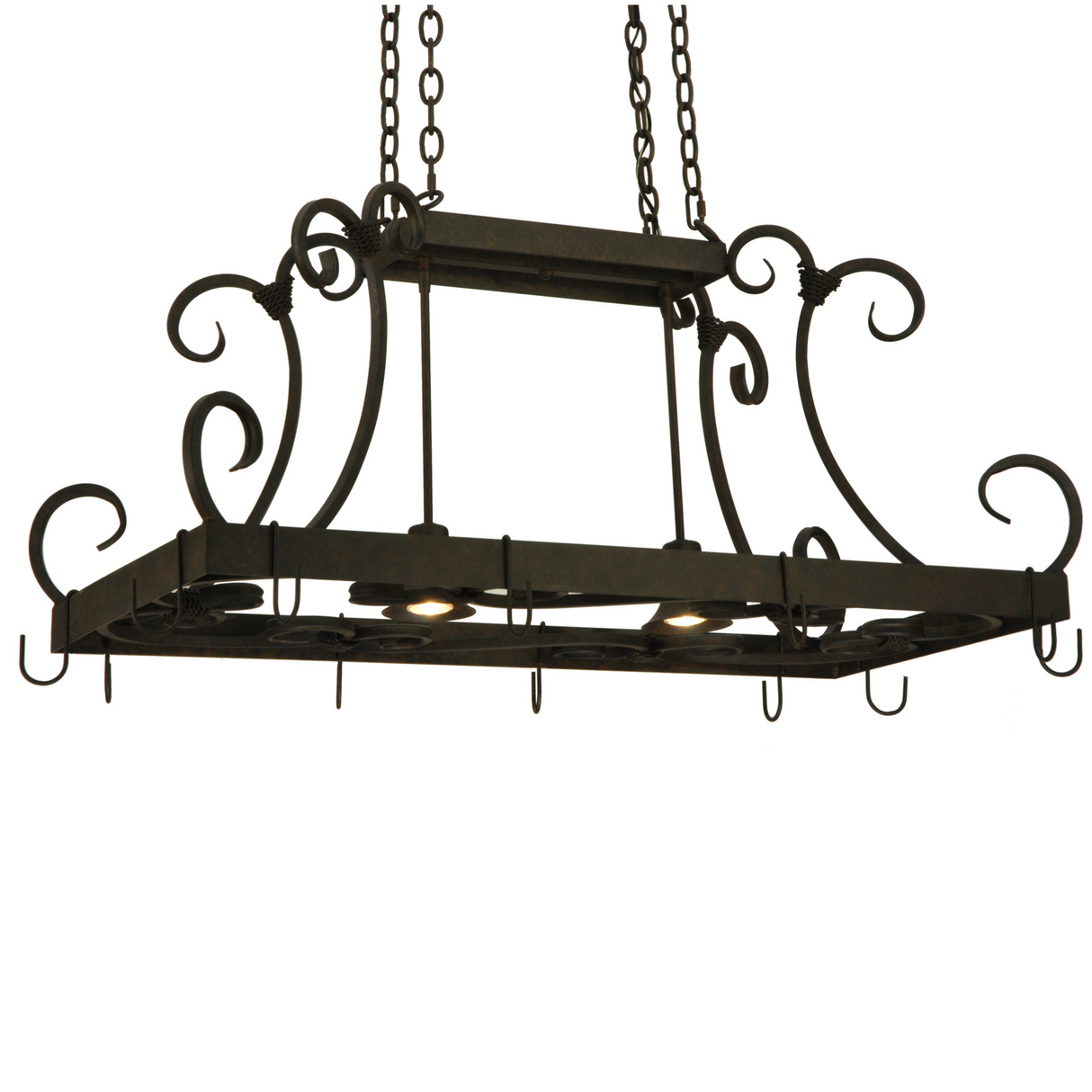 Side view showing handcrafted scroll accents on Caiden pot rack.