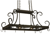 Side view showing handcrafted scroll accents on Caiden pot rack.