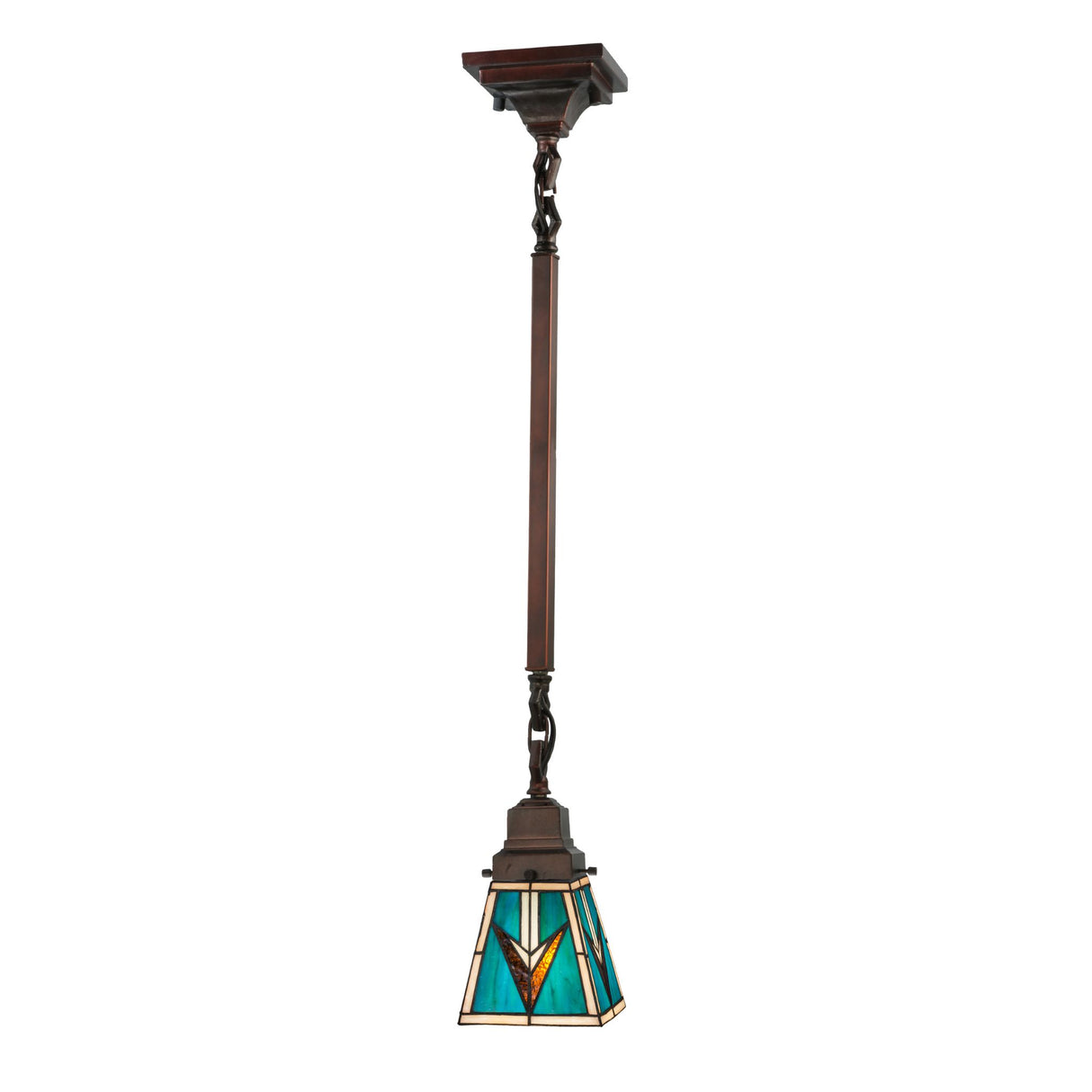 Mission-style mini pendant with turquoise, beige, and brown stained glass shade.