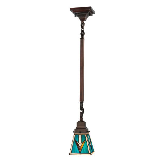 Mission-style mini pendant with turquoise, beige, and brown stained glass shade.