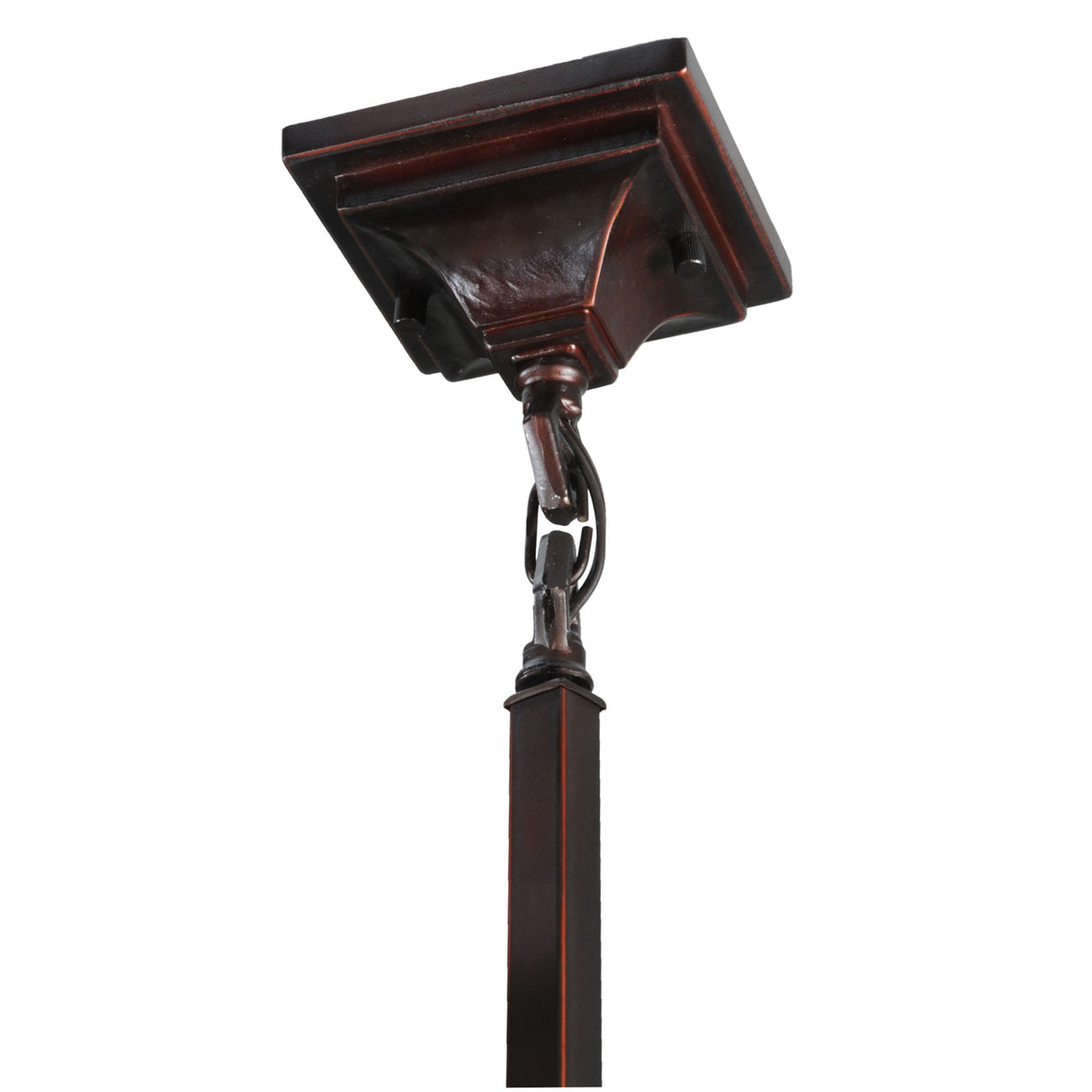 Close-up view of bronze ceiling mount and chain detail.