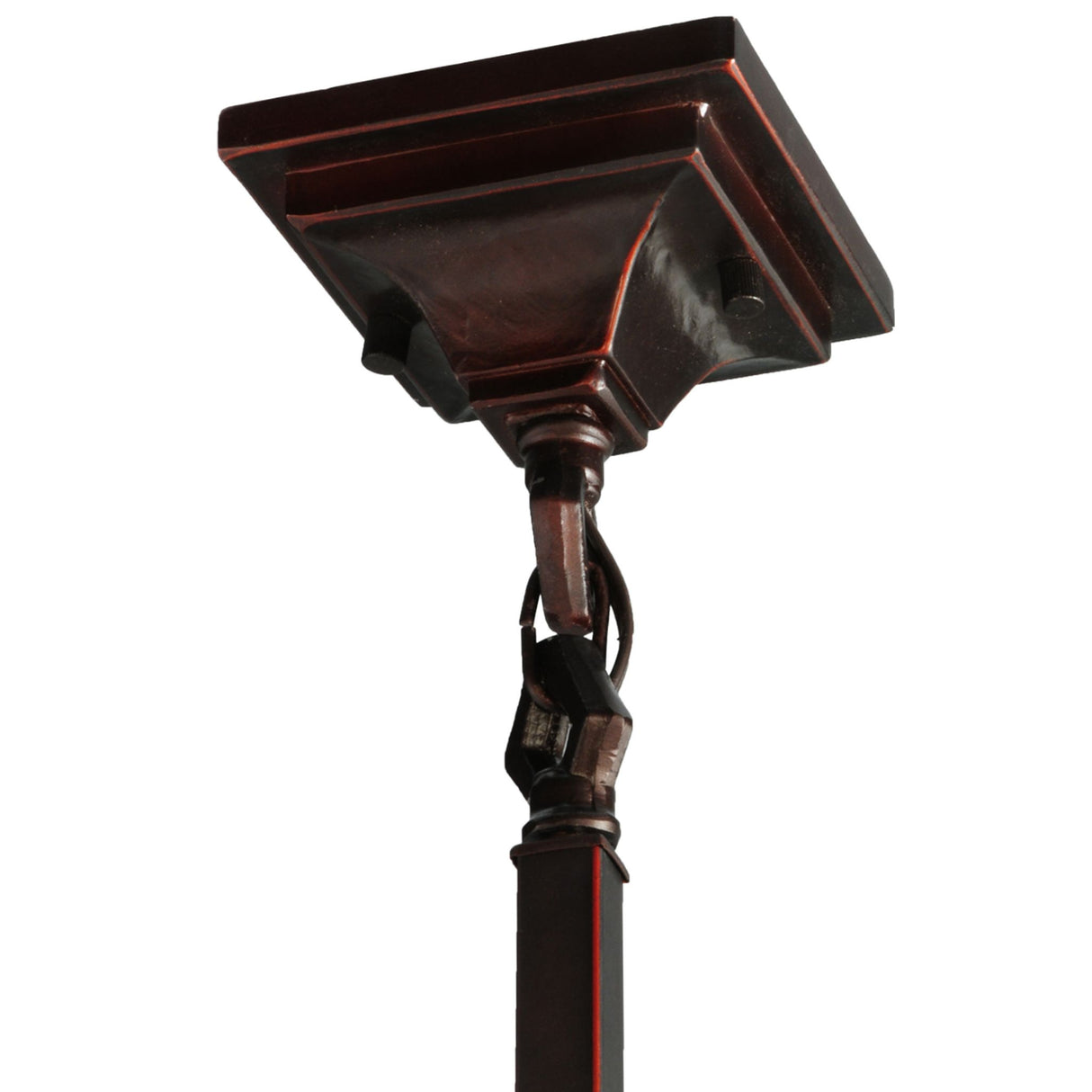 Closeup of pendant’s bronze hardware and fixture details.