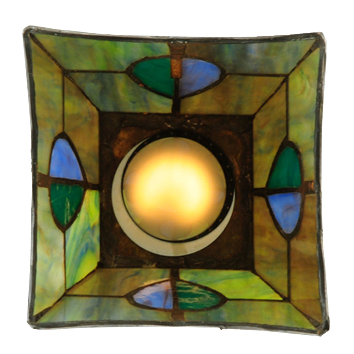 Downward glowing view of Mackintosh stained glass pendant.