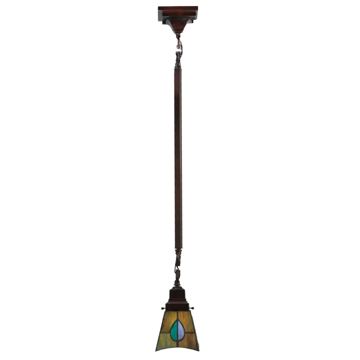 Full-length view of the pendant hanging from bronze hardware.