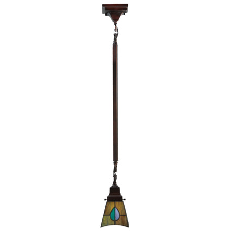 Full-length view of the pendant hanging from bronze hardware.