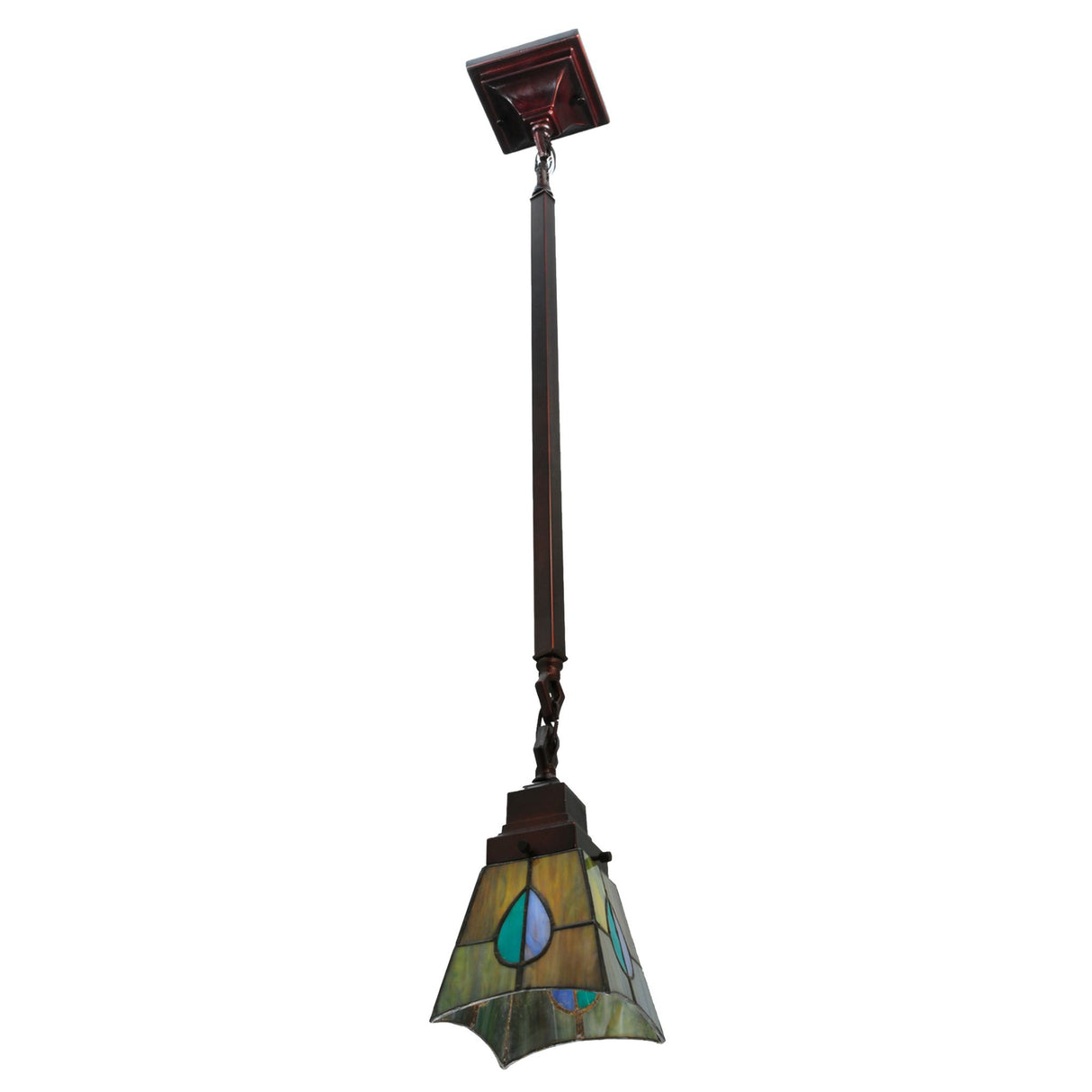 Hanging stained glass pendant with rich bronze hardware.