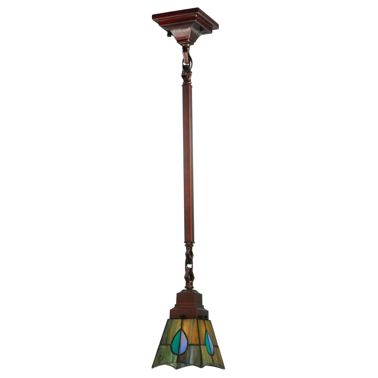 Hanging stained glass pendant with teal and green accents.