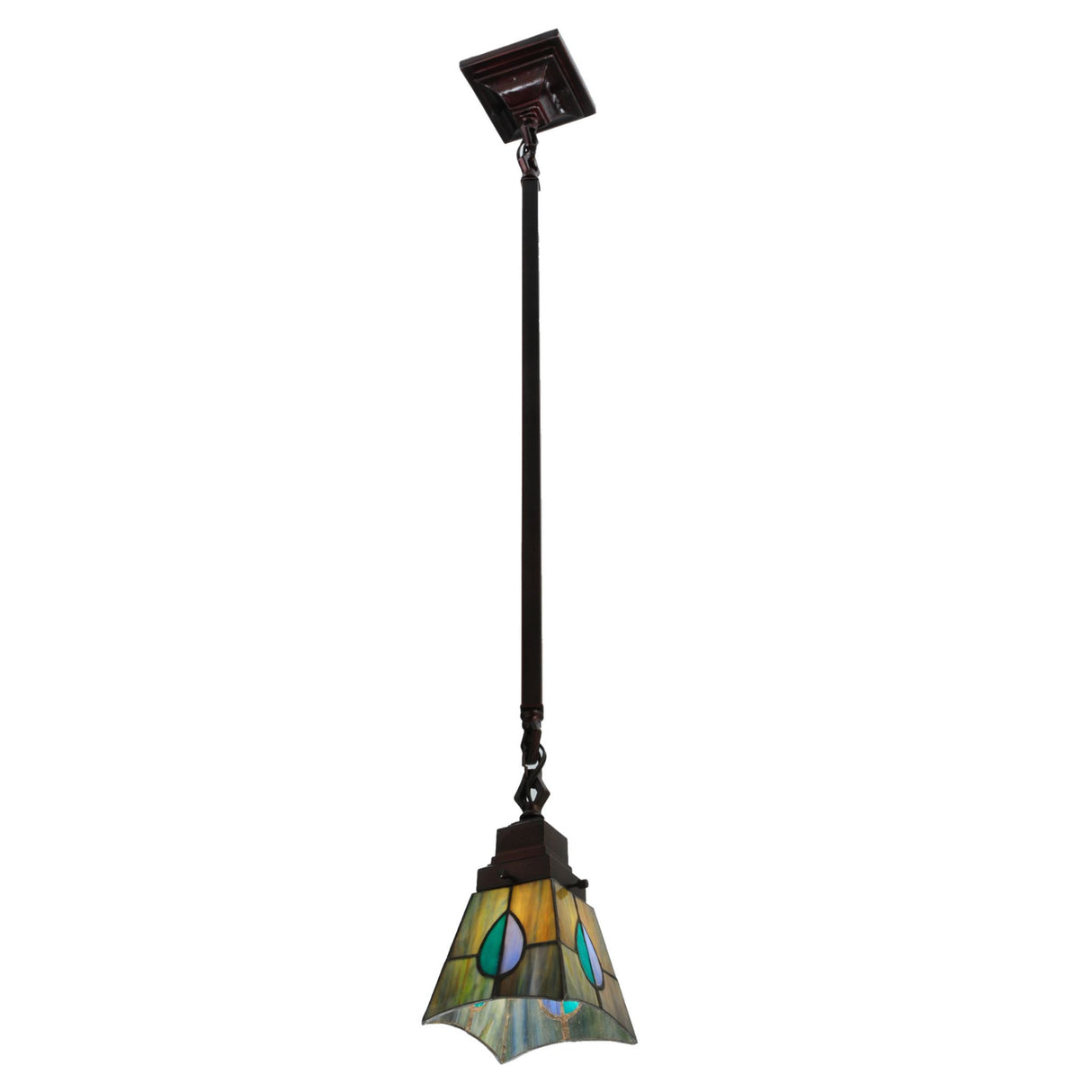 Hanging Mackintosh stained glass pendant with vibrant leaf design.