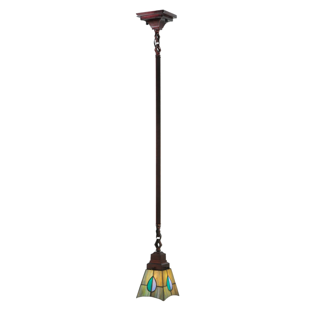 Illuminated Mackintosh pendant highlighting colorful glass.