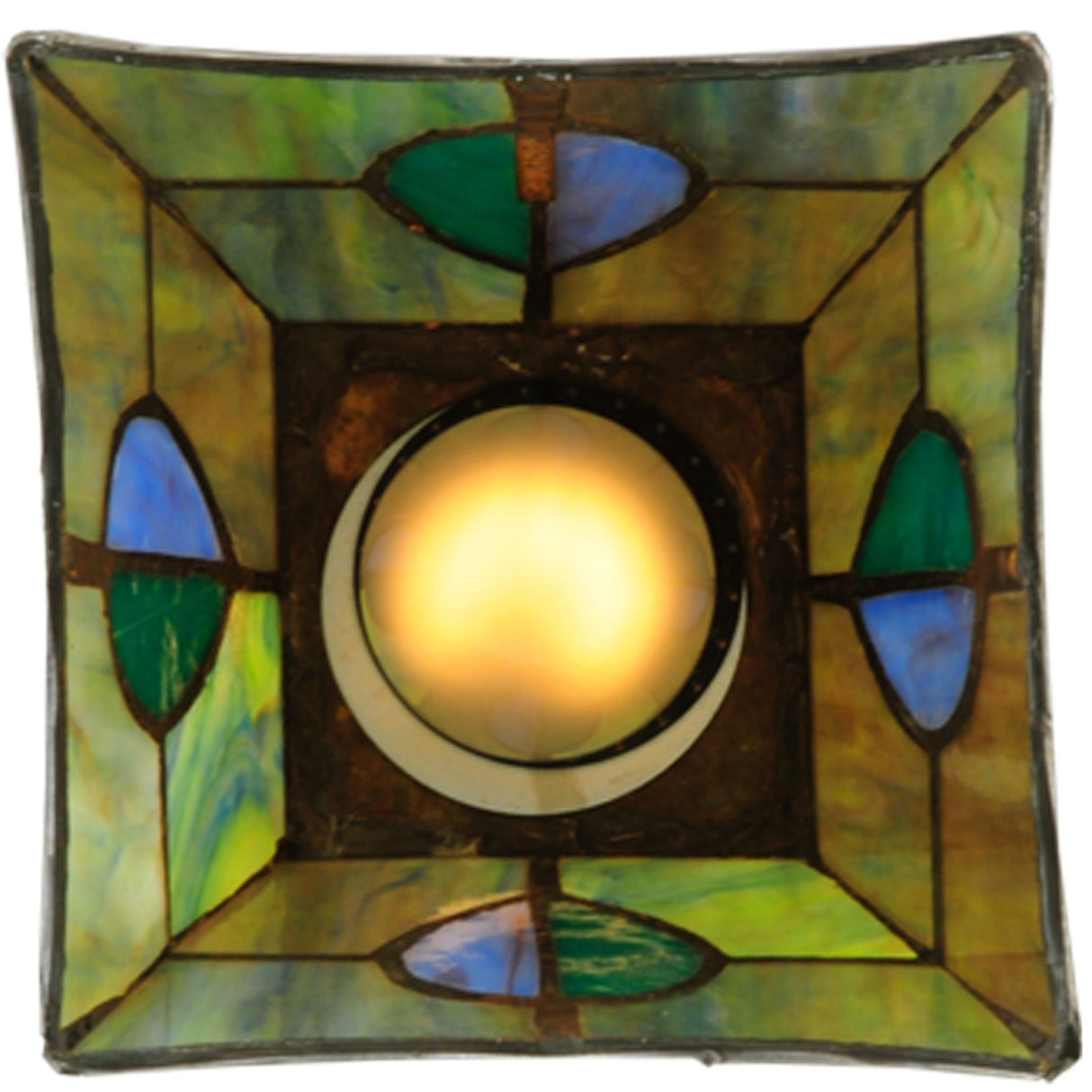 Illuminated pendant showcasing vibrant glass colors.