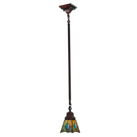 Stained glass pendant with bronze hardware and Mackintosh leaf design.
