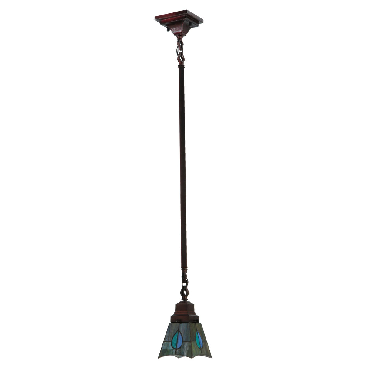 Side view of pendant with colorful Mackintosh-inspired stained glass.