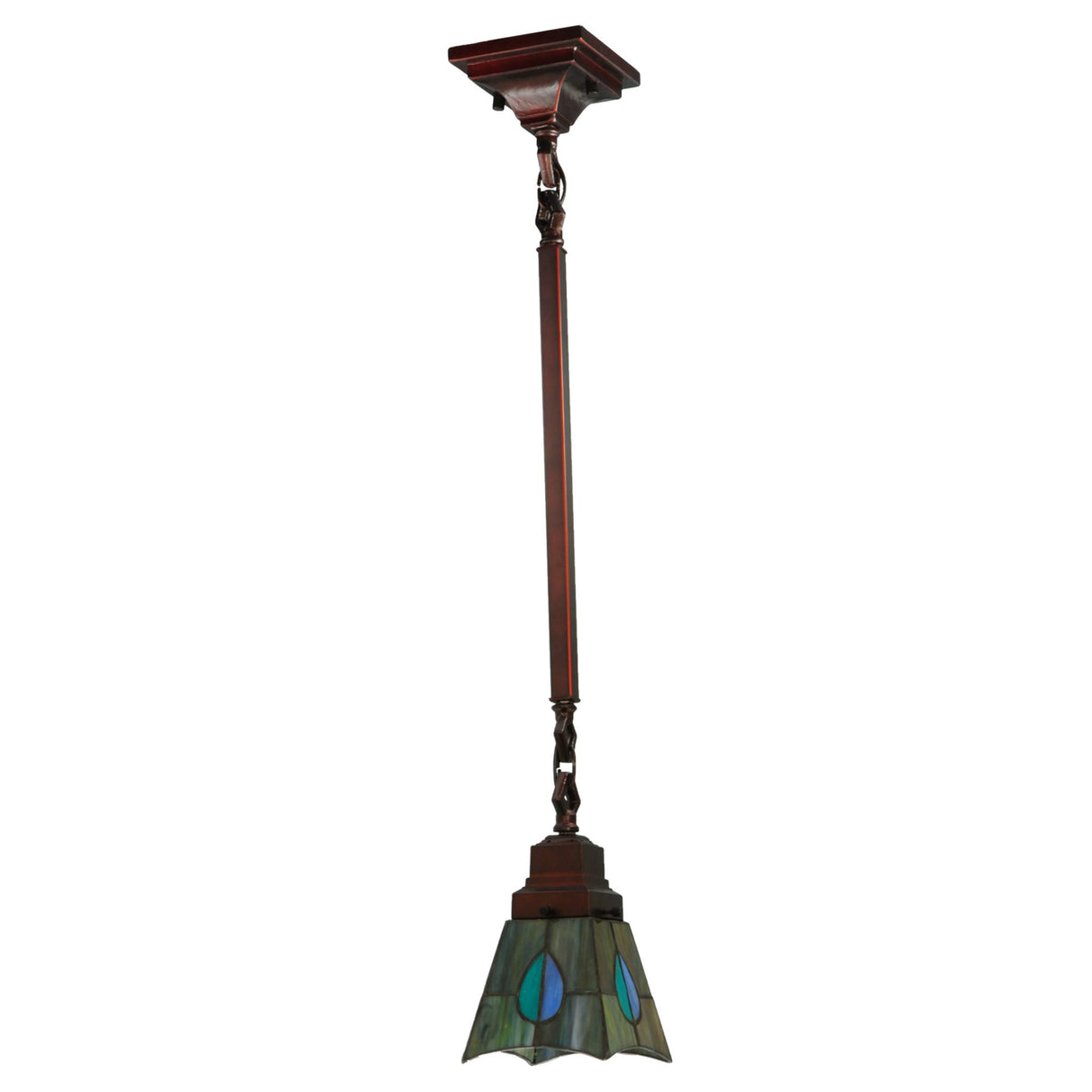 Side angle of pendant showcasing stained glass shade.