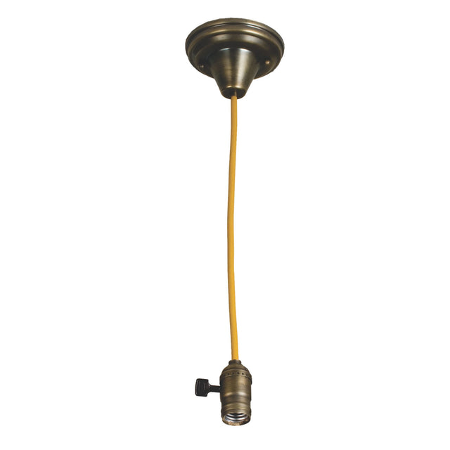 Bronze ceiling pendant light with a yellow cord and unused bulb socket.