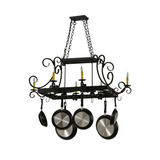 Angled view of Caiden 6 Light Pot Rack showcasing scroll details.