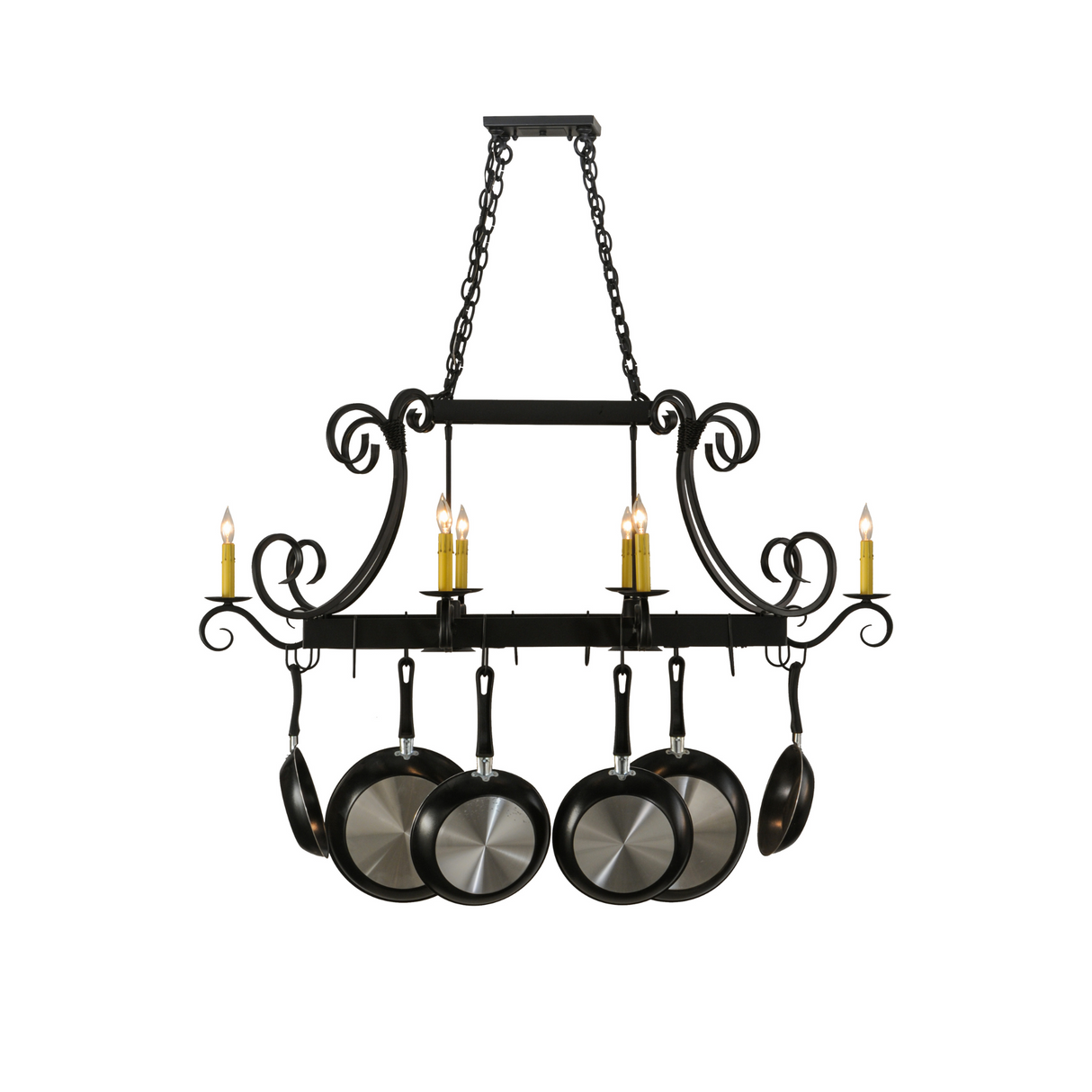 Front-facing view highlighting downlights and hanging pans.
