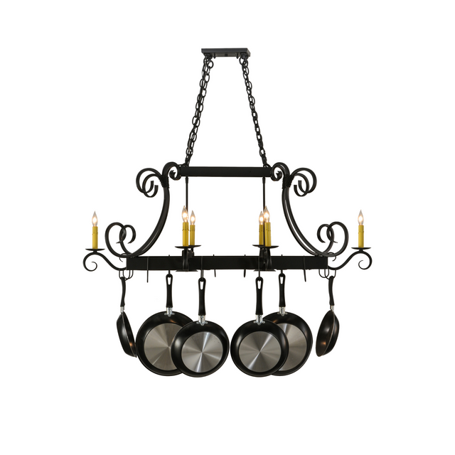 Front-facing view highlighting downlights and hanging pans.