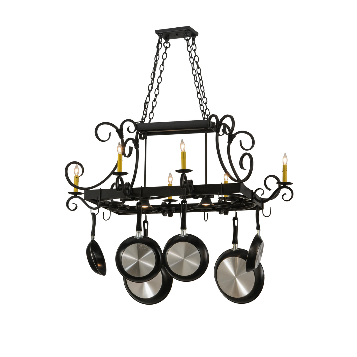 Front view of 50" Long Caiden 6 Light Pot Rack with cookware.