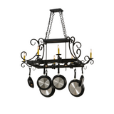 Front view of 50" Long Caiden 6 Light Pot Rack with cookware.