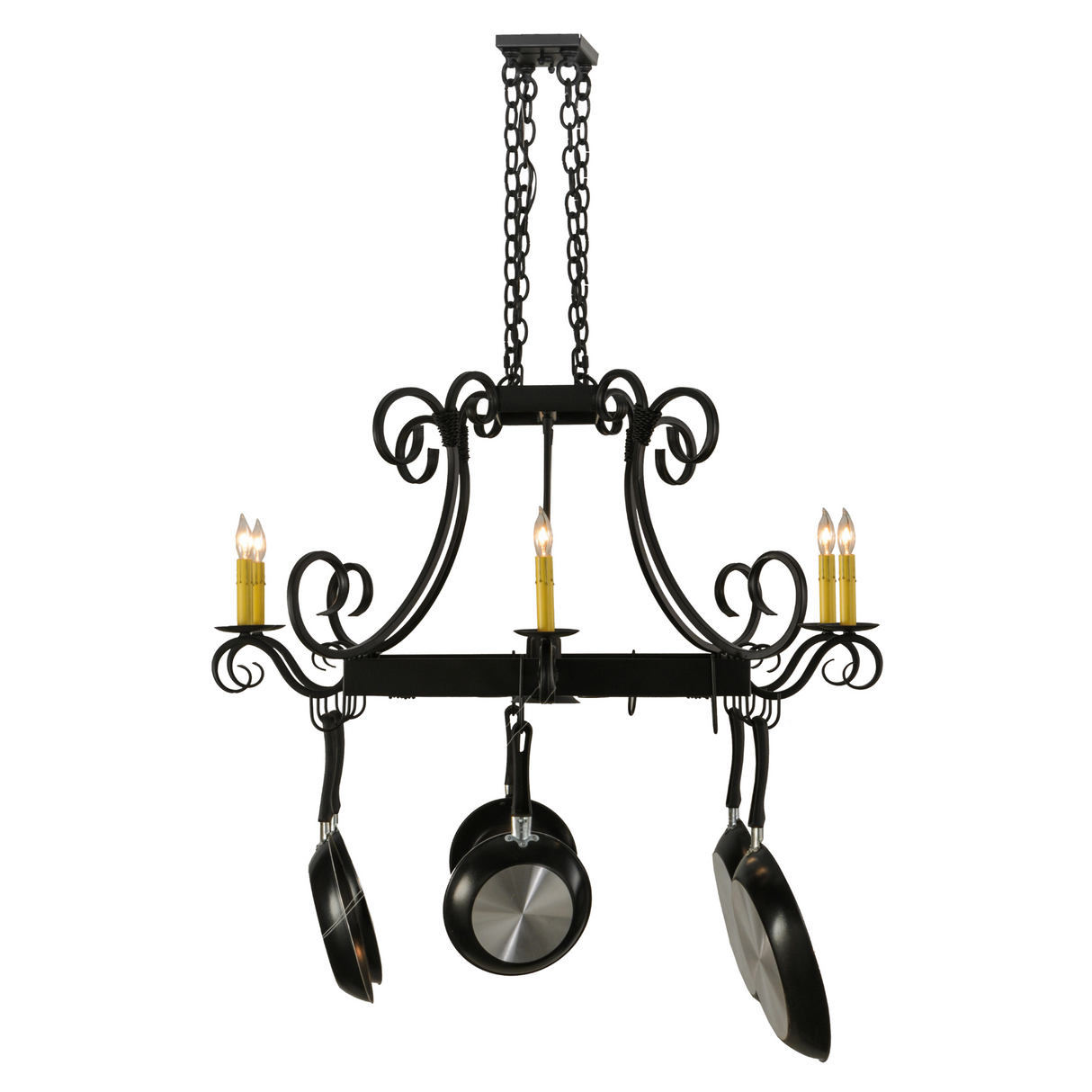 Side view of Caiden pot rack showing scroll arms and candles.