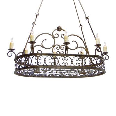 Cira 10-light oval pot rack chandelier with scroll accents and candlelights.