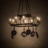 Caiden 10-light pot rack glowing warmly in kitchen setting.