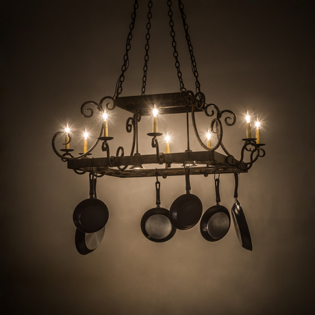 Caiden 10-light pot rack glowing warmly in kitchen setting.