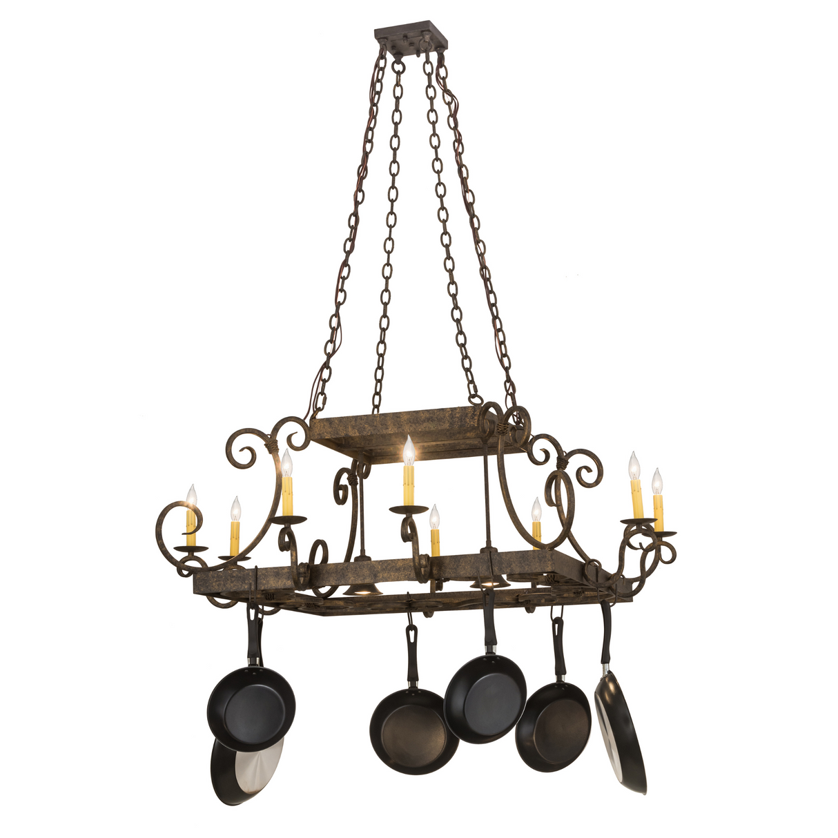56" wide Caiden pot rack chandelier front view with pans.