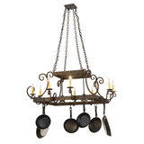 56" wide Caiden pot rack chandelier front view with pans.