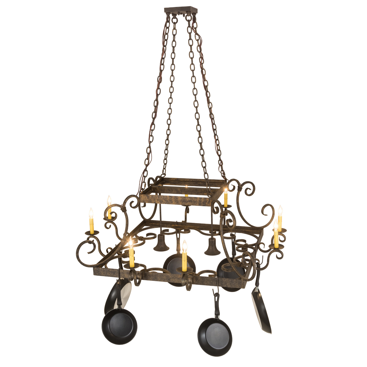 Caiden chandelier with scrollwork frame viewed at an angle.