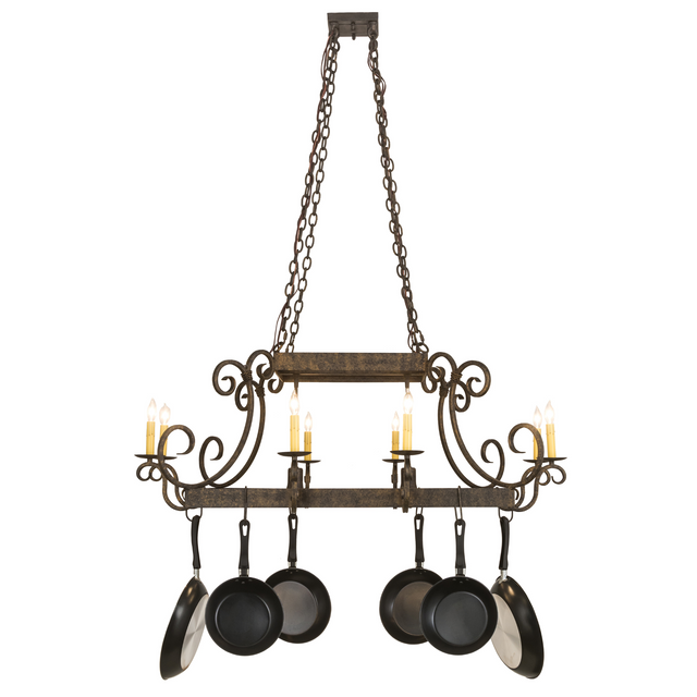 Elegant Caiden 10-light chandelier with cookware hooks displayed.