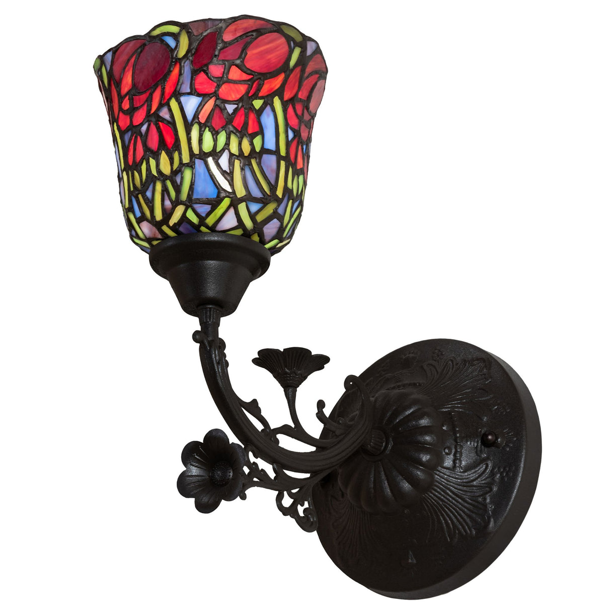 Artistic view of the 6" Wide Red Rosebud Wall Sconce displaying its elegant floral theme.