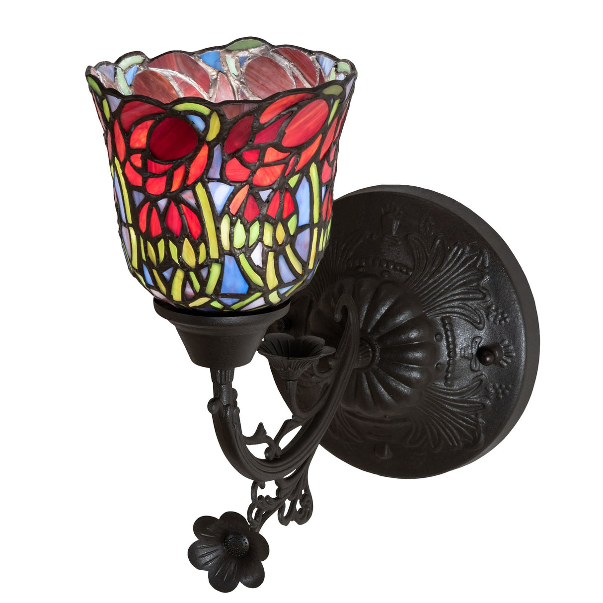 Close-up view of the 6" Wide Red Rosebud Wall Sconce highlighting the stained glass details.