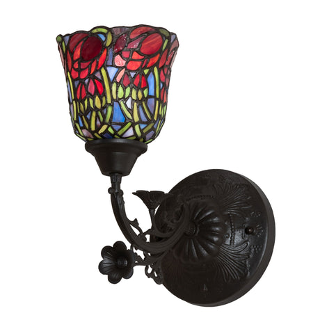 Front view of the 6" wide red rosebud wall sconce with detailed stained glass.