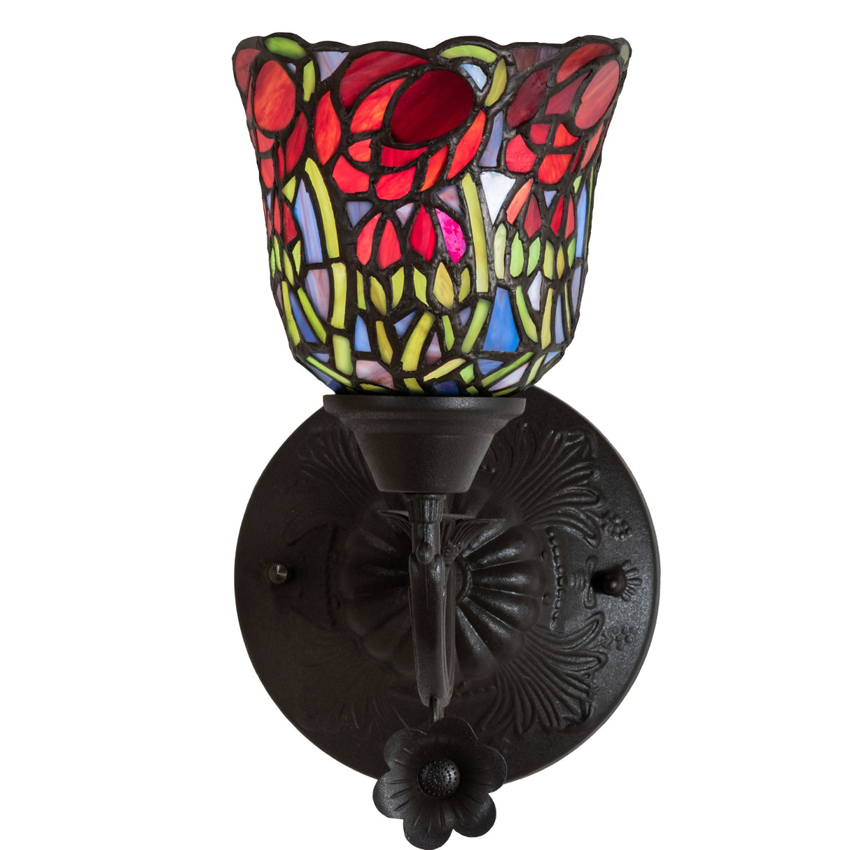 Top view of the 6" Wide Red Rosebud Wall Sconce emphasizing the ornate glass and ironwork.