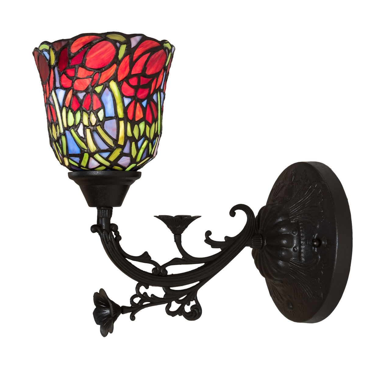 Diagonal view of the 6" wide red rosebud wall sconce with intricate floral patterns.