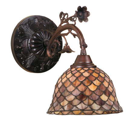 Decorative fishscale wall sconce with intricate floral bronze detailing.