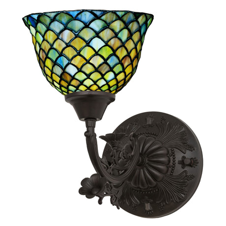 A Tiffany Fishscale wall sconce with a vibrant multi-colored glass shade and Mahogany Bronze hardware.