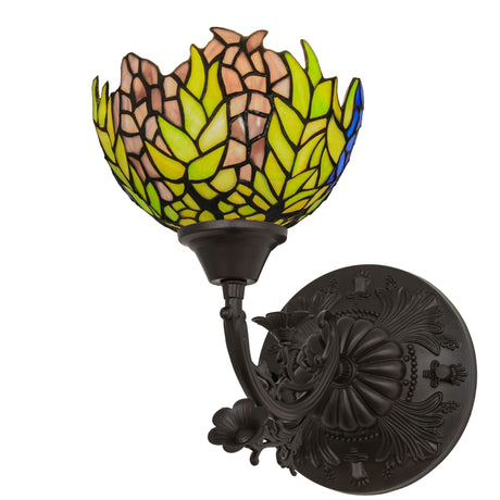 A colorful tiffany honey locust stained glass wall sconce with a floral design on a black mount.
