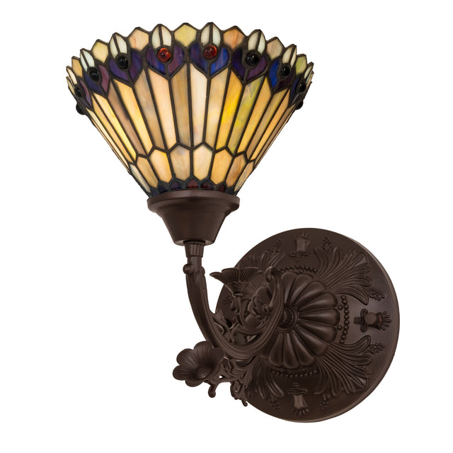 Elegant Tiffany Jeweled Peacock Wall Sconce with a vibrant stained glass shade, adding charm to any wall space.