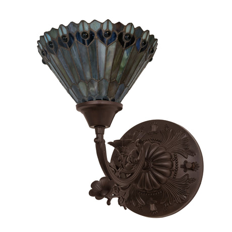 Unlit Tiffany Jeweled Peacock Wall Sconce showcasing a beautiful blue glass shade.