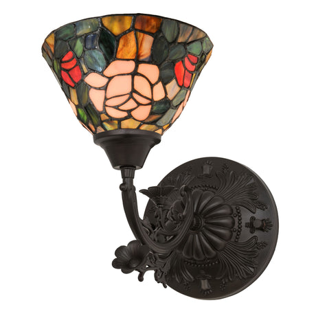 Elegant wall sconce with a stained glass shade showcasing pink, red, and plum roses intertwined with green leaves.