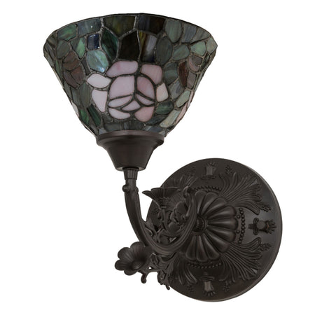 A decorative wall-mounted tiffany rosebush wall sconce with a stained glass shade and ornate, floral-patterned base.