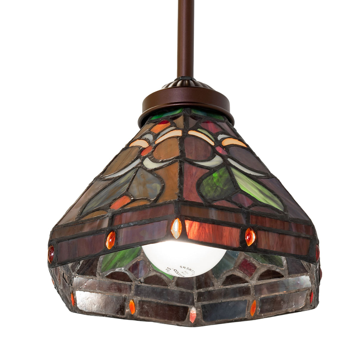 Angled bottom view of the 8-inch Middleton mini pendant with colorful stained glass.