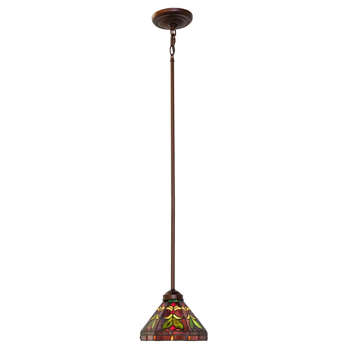 Full view of the 8-inch Middleton mini pendant with a bronze chain and canopy.