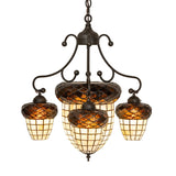 Front view of 4-light chandelier with glass shades and bronze hardware.