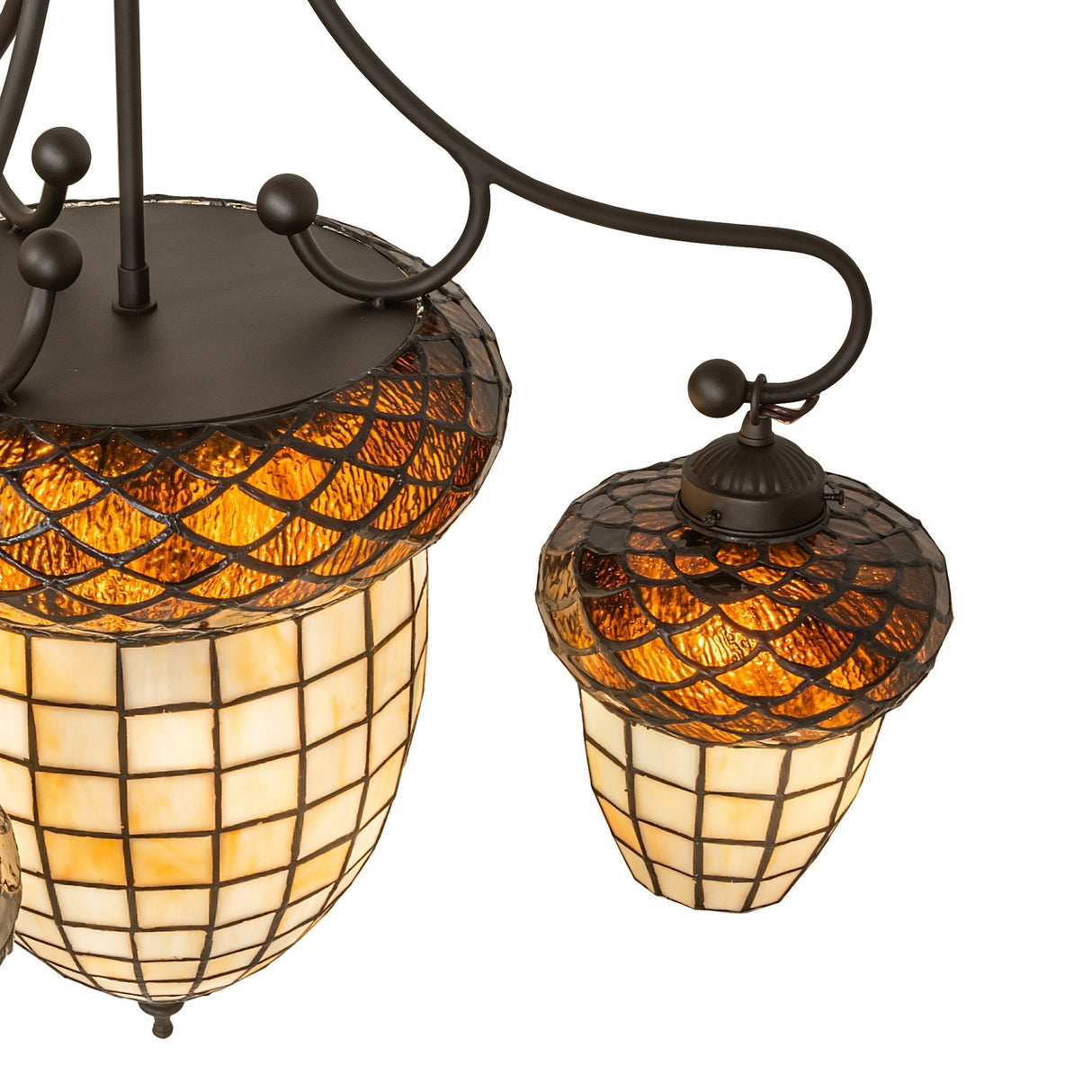Angled top view of Acorn 4-light chandelier highlighting acorn shade arrangement.